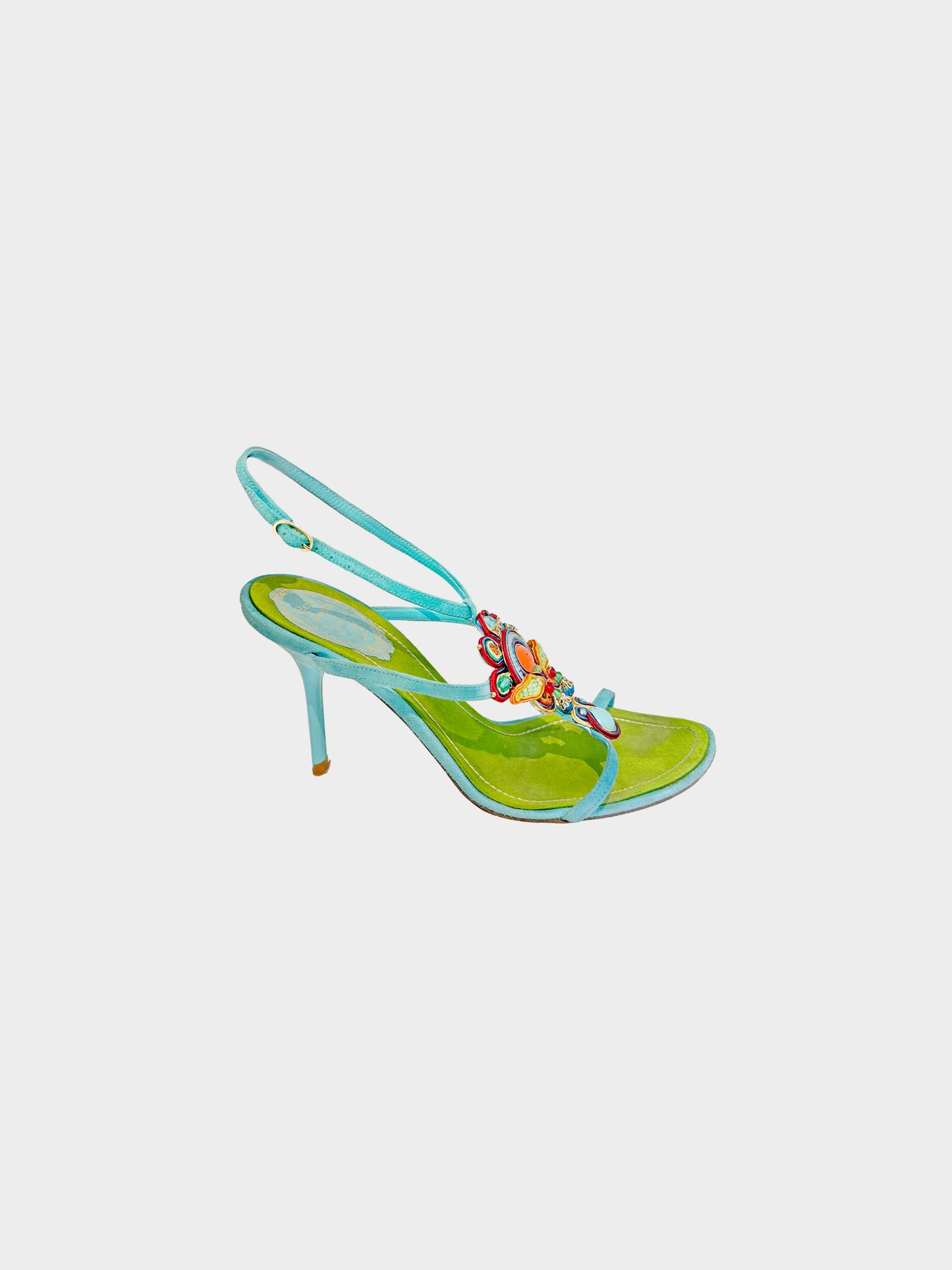 René Caovilla 2000s Green Satin and Blue Suede Multicolor Jewelry Heels
