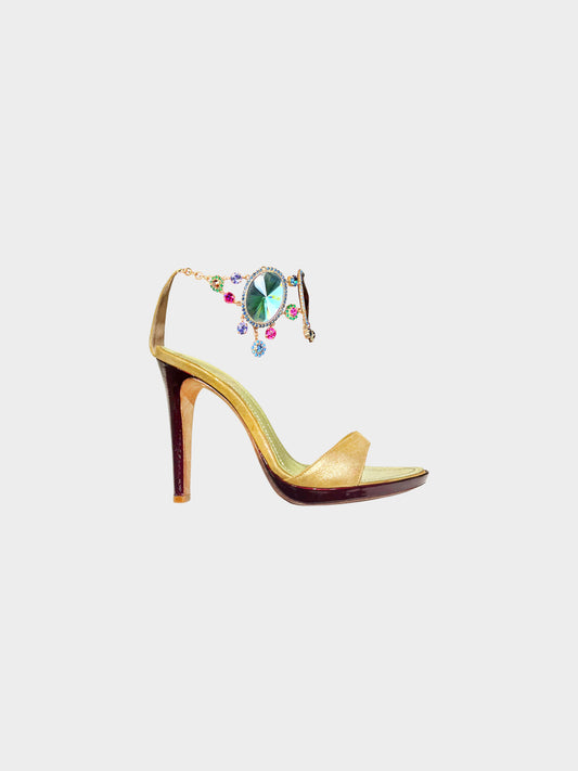 René Caovilla 2000s Metallic Gold and Green Satin Jeweled Heels