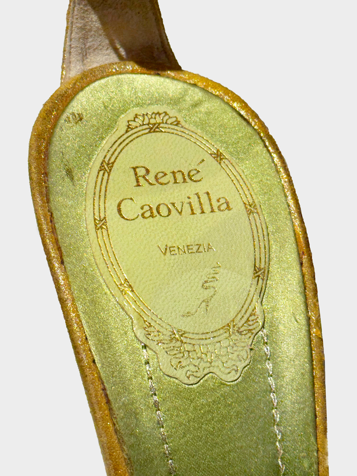 René Caovilla 2000s Metallic Gold and Green Satin Jeweled Heels