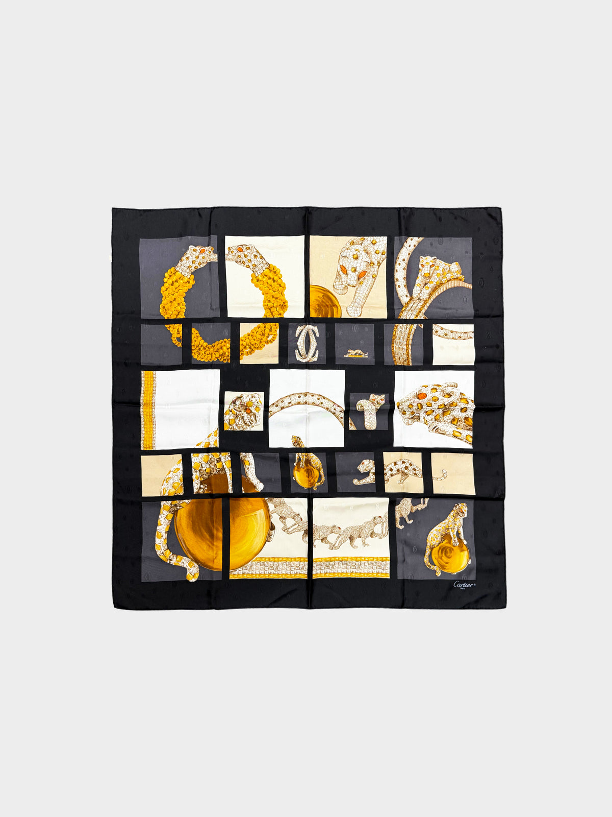 Cartier 1990s Black and Gold Jeweled Panther Print Silk Scarf