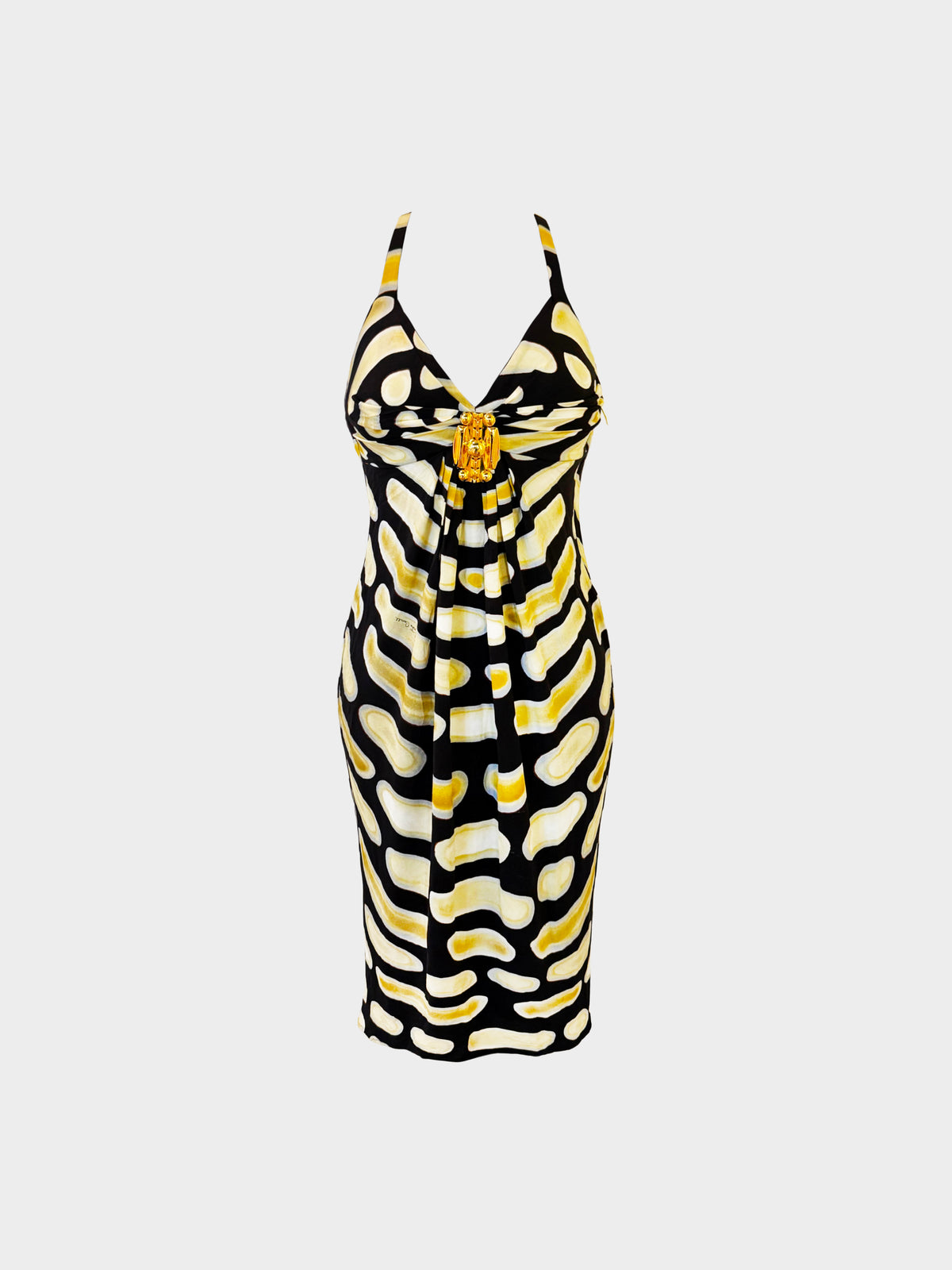 Roberto Cavalli 2000s Yellow and Black Abstract Oval Print Dress