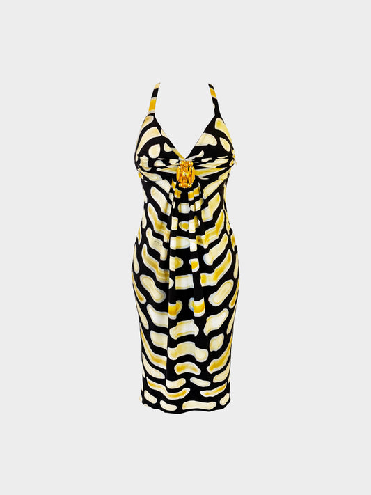Roberto Cavalli 2000s Yellow and Black Abstract Oval Print Dress