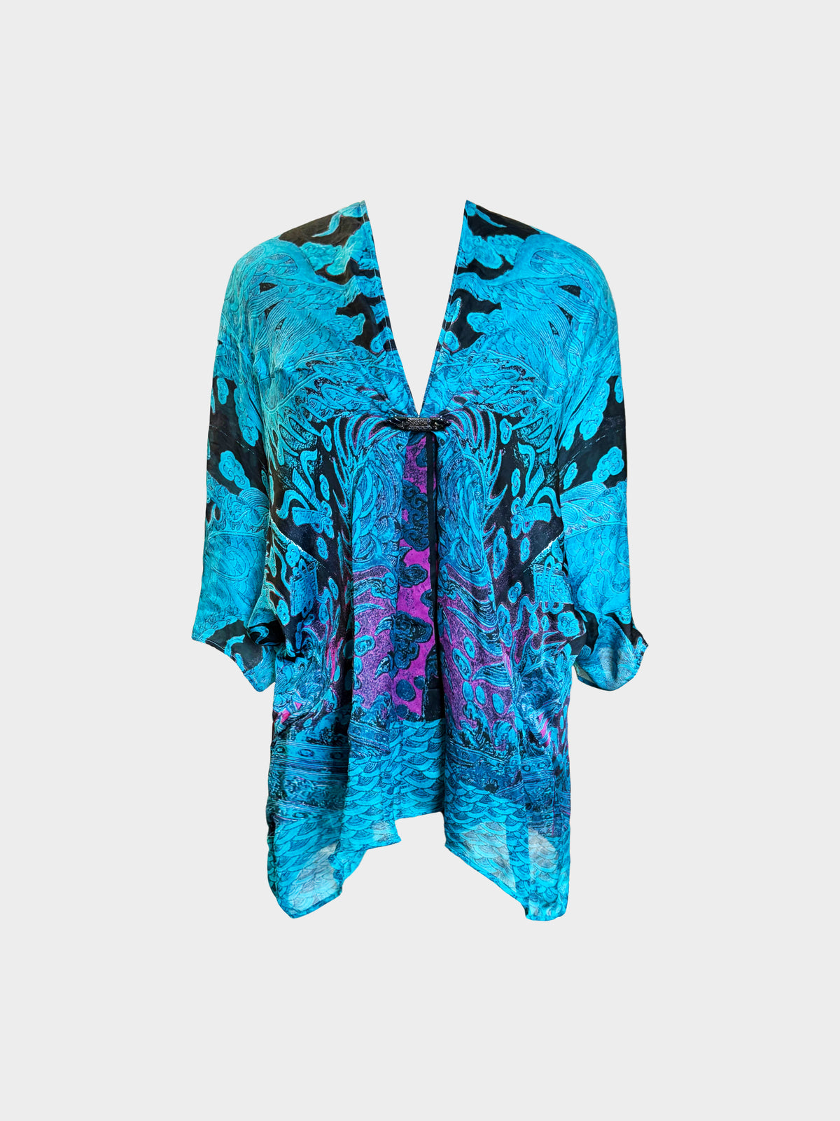 Roberto Cavalli 2000s Blue and Purple Abstract Dragon Motif Print Print Top