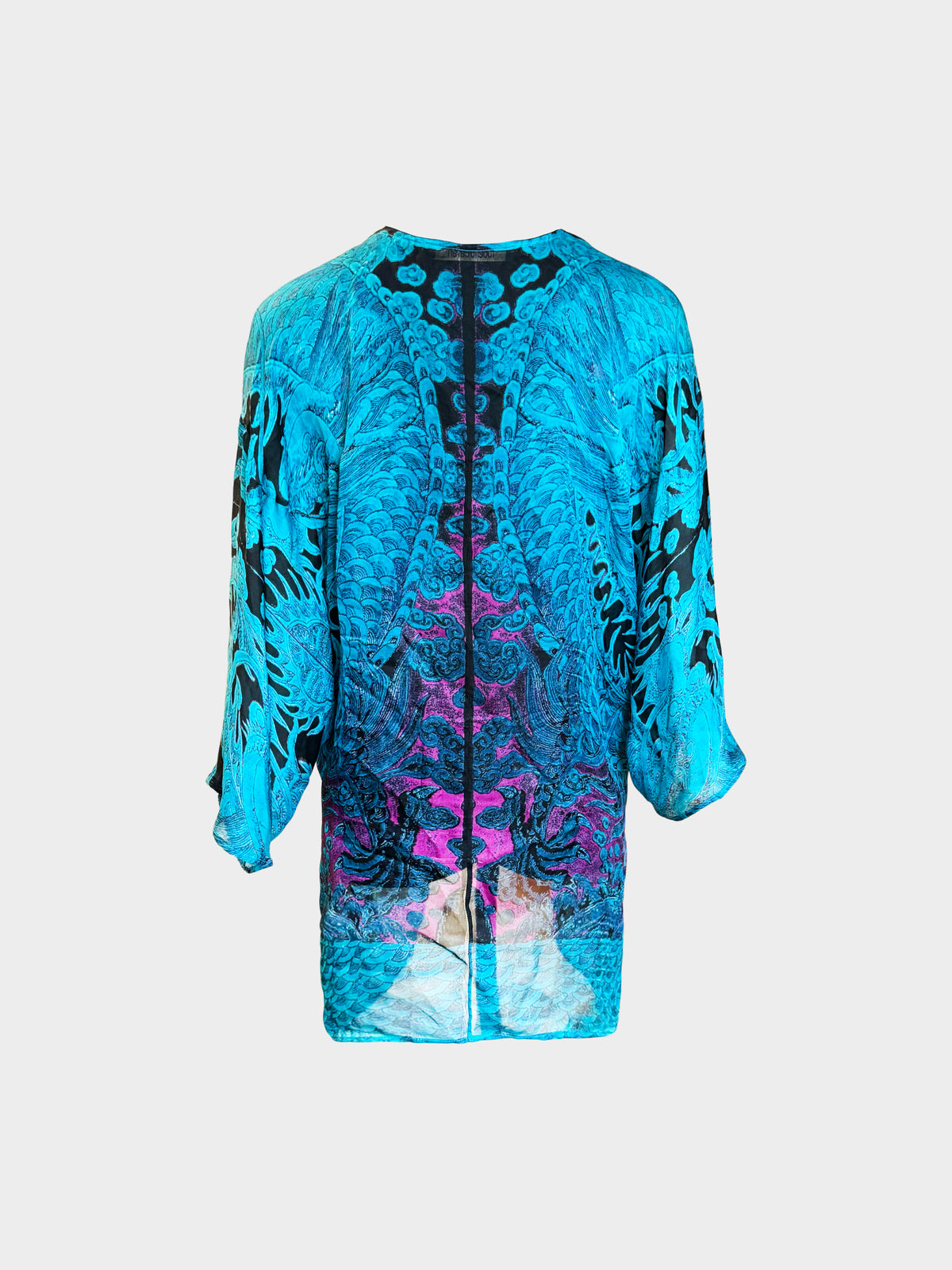 Roberto Cavalli 2000s Blue and Purple Abstract Dragon Motif Print Print Top