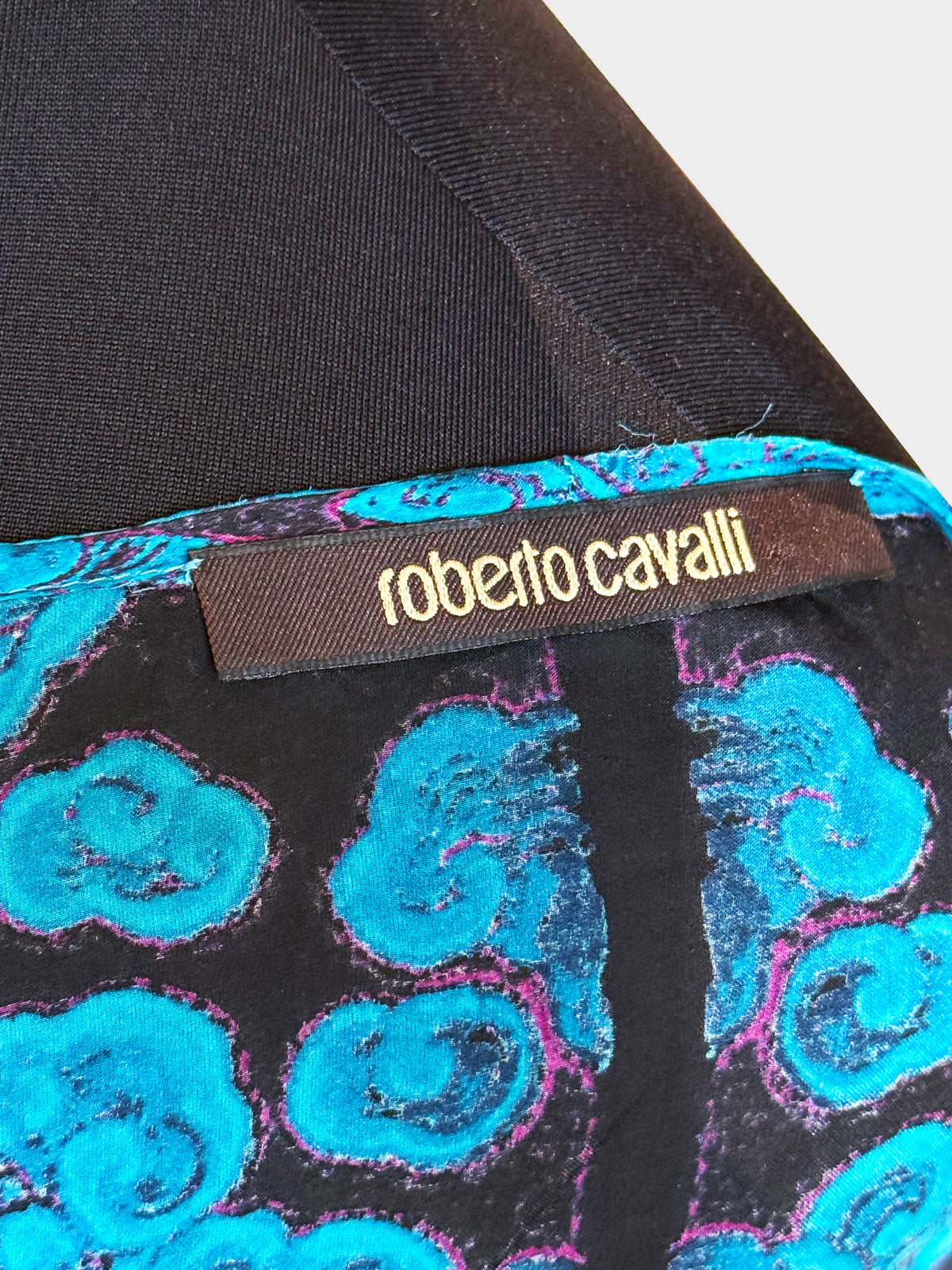 Roberto Cavalli 2000s Blue and Purple Abstract Dragon Motif Print Print Top