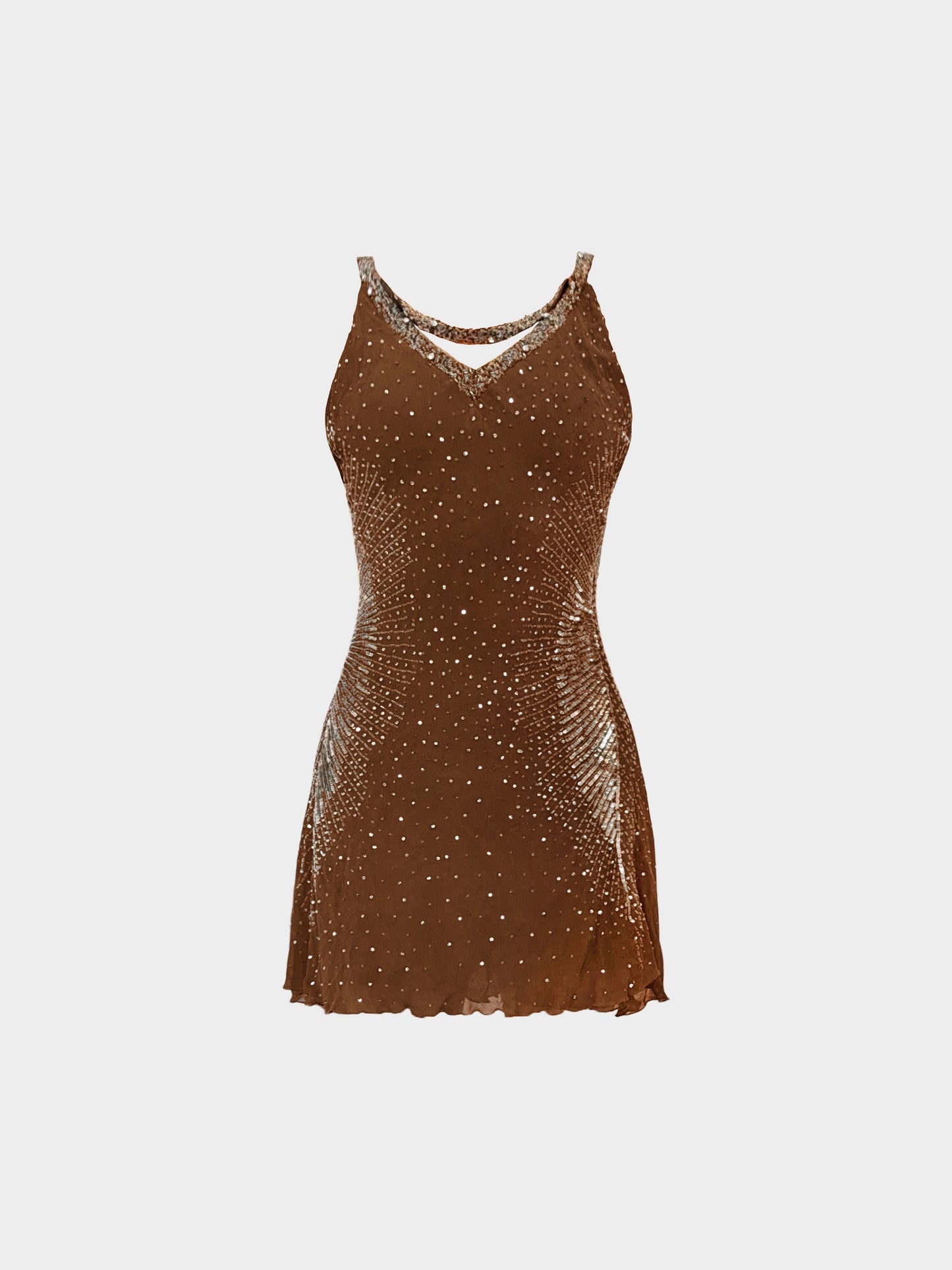 Roberto Cavalli 2000s Brown Chiffon Pearls and Sequins-embellished Dress