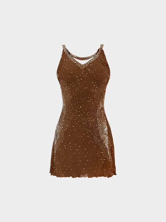 Roberto Cavalli 2000s Brown Chiffon Pearls and Sequins-embellished Dress