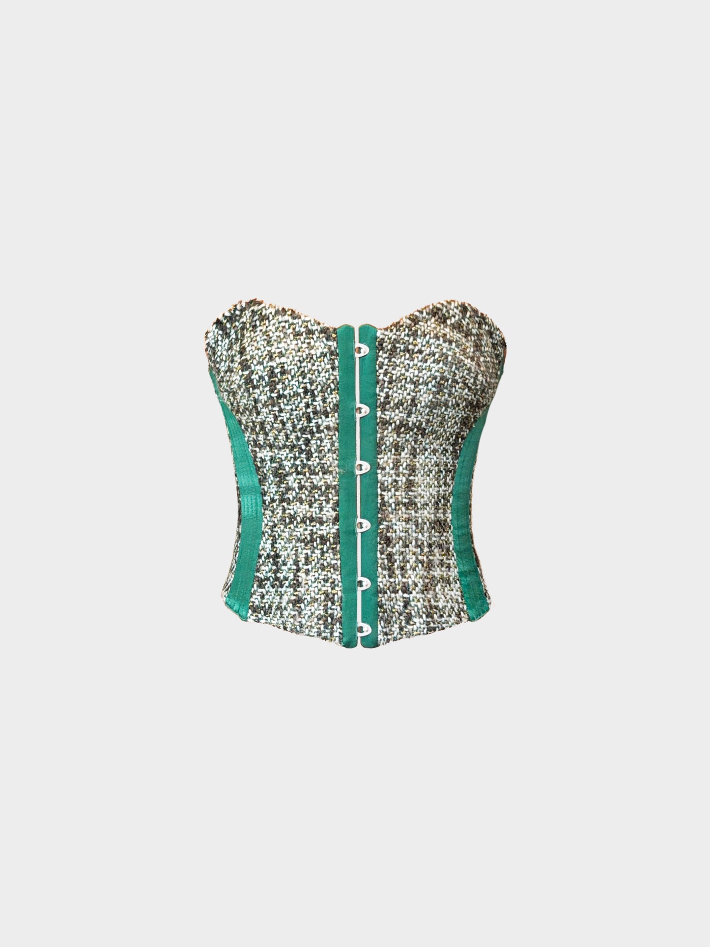 Roberto Cavalli FW 2005 Green Satin and Neutral Tweed Strapless Corset