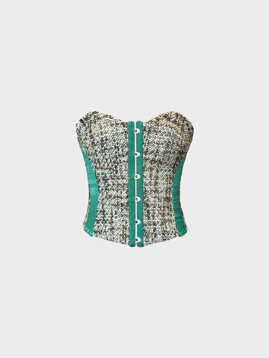 Roberto Cavalli FW 2005 Green Satin and Neutral Tweed Strapless Corset