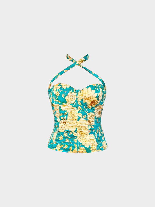 Roberto Cavalli 2000s Rare Blue and Yellow Floral Print Halter Neck Corset