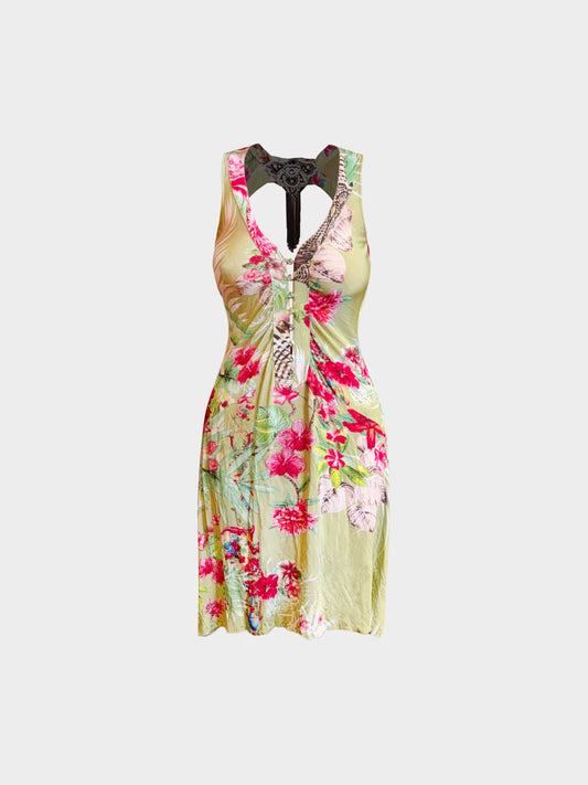 Roberto Cavalli 2000s Green Floral Print Button-down Dress