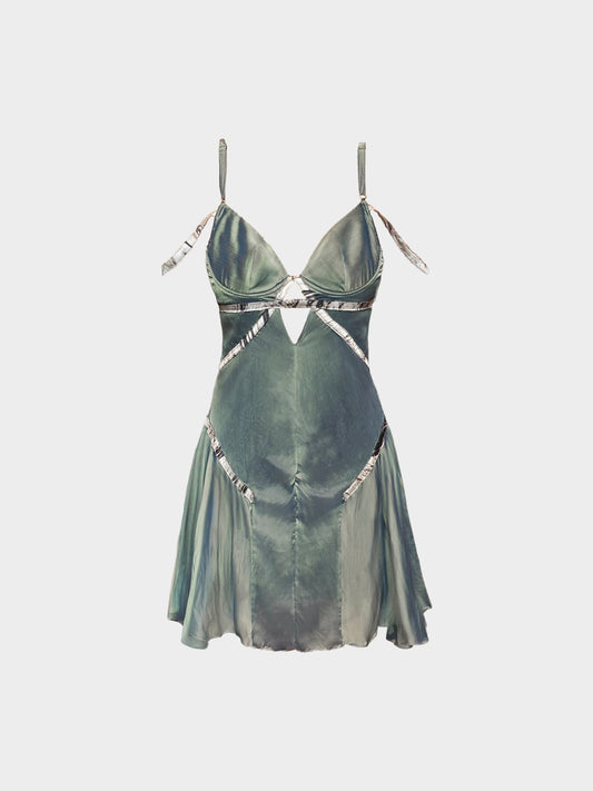 Roberto Cavalli 2010s Green Iridescent Polyester Keyhole Mini Dress