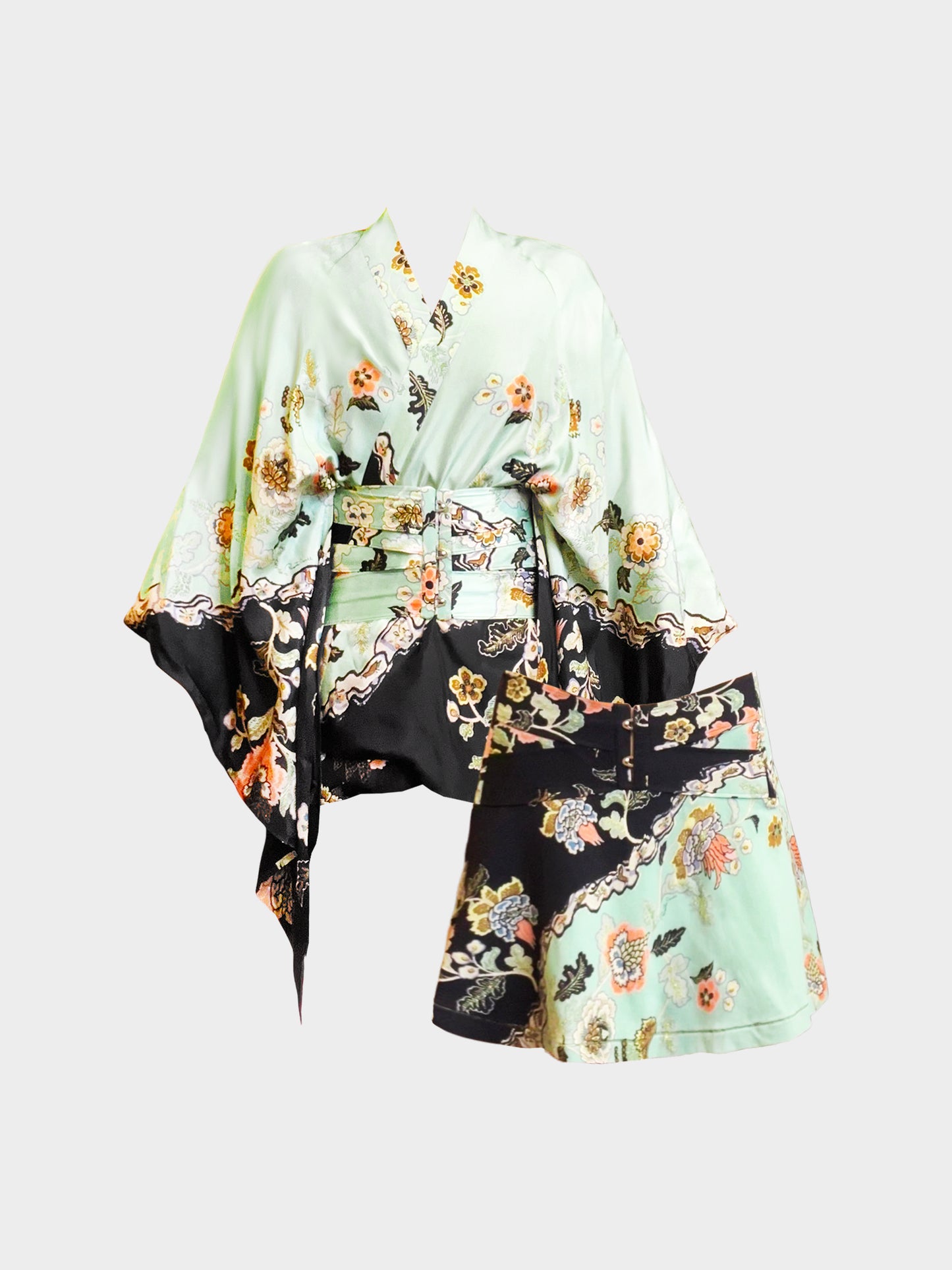 Roberto Cavalli SS 2003 Green and Black Chinoiserie Floral Print Silk Kimono and Skirt Set