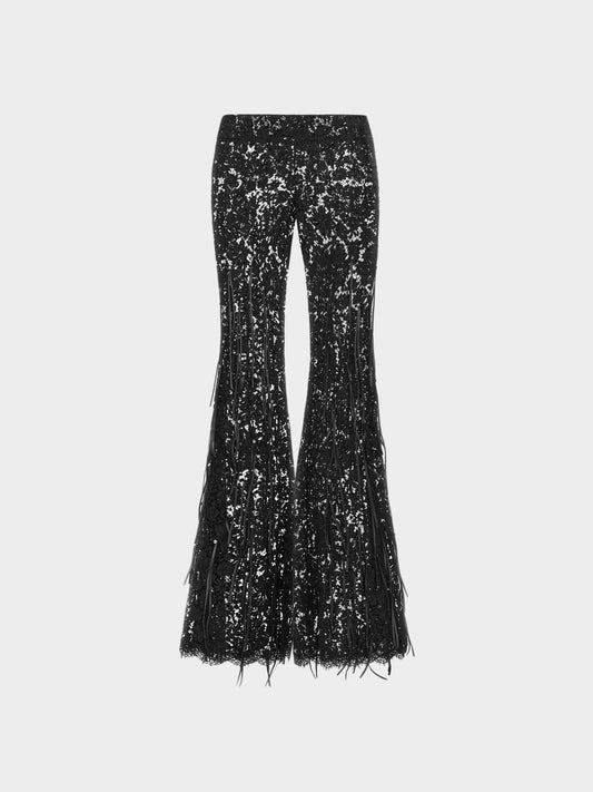 Roberto Cavalli 2020s Black Sheer Lace and Fringe Flared Pants