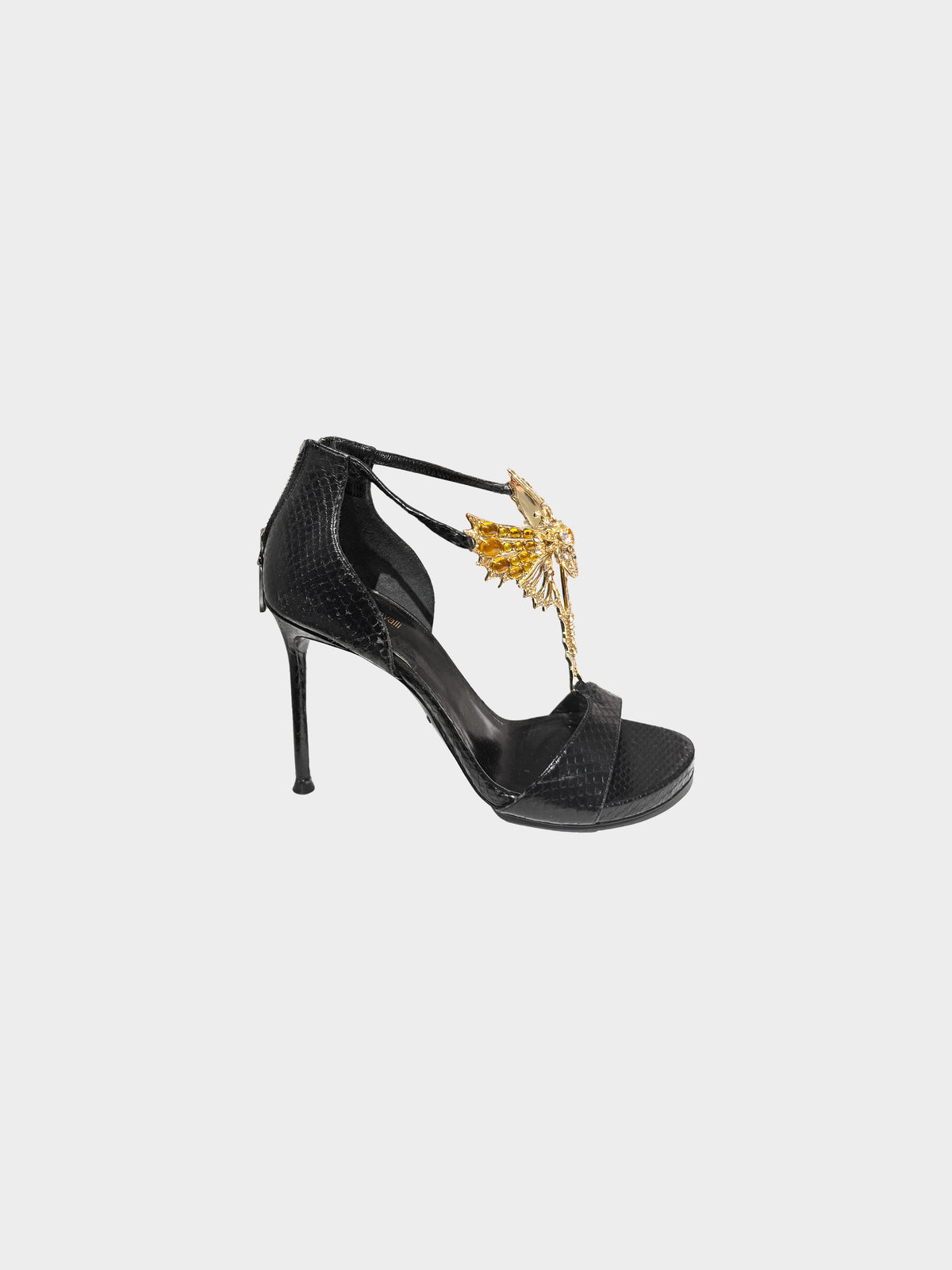 Roberto Cavalli 2000s Black Python Leather Jeweled Butterfly Motif Heels
