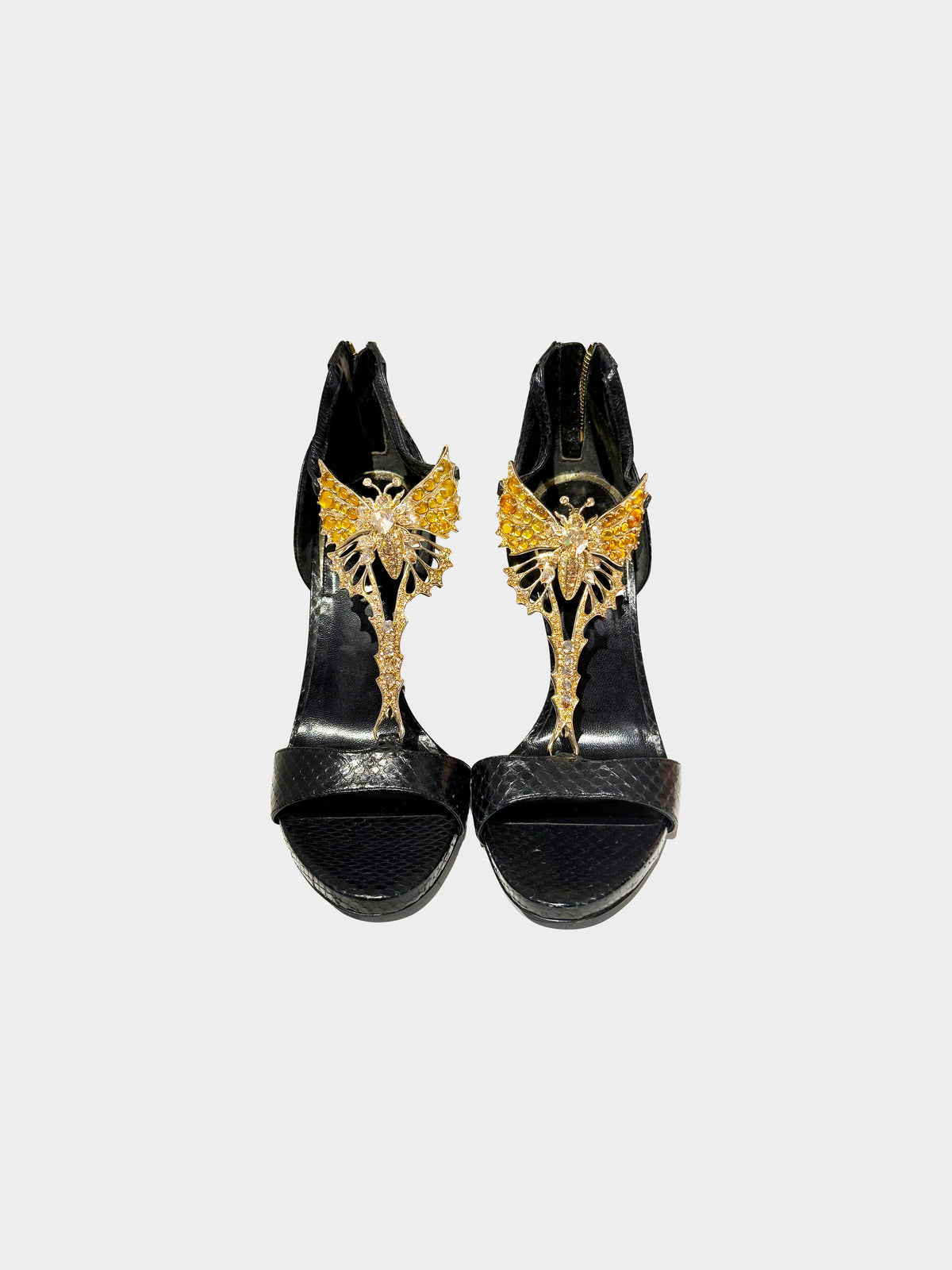 Roberto Cavalli 2000s Black Python Leather Jeweled Butterfly Motif Heels