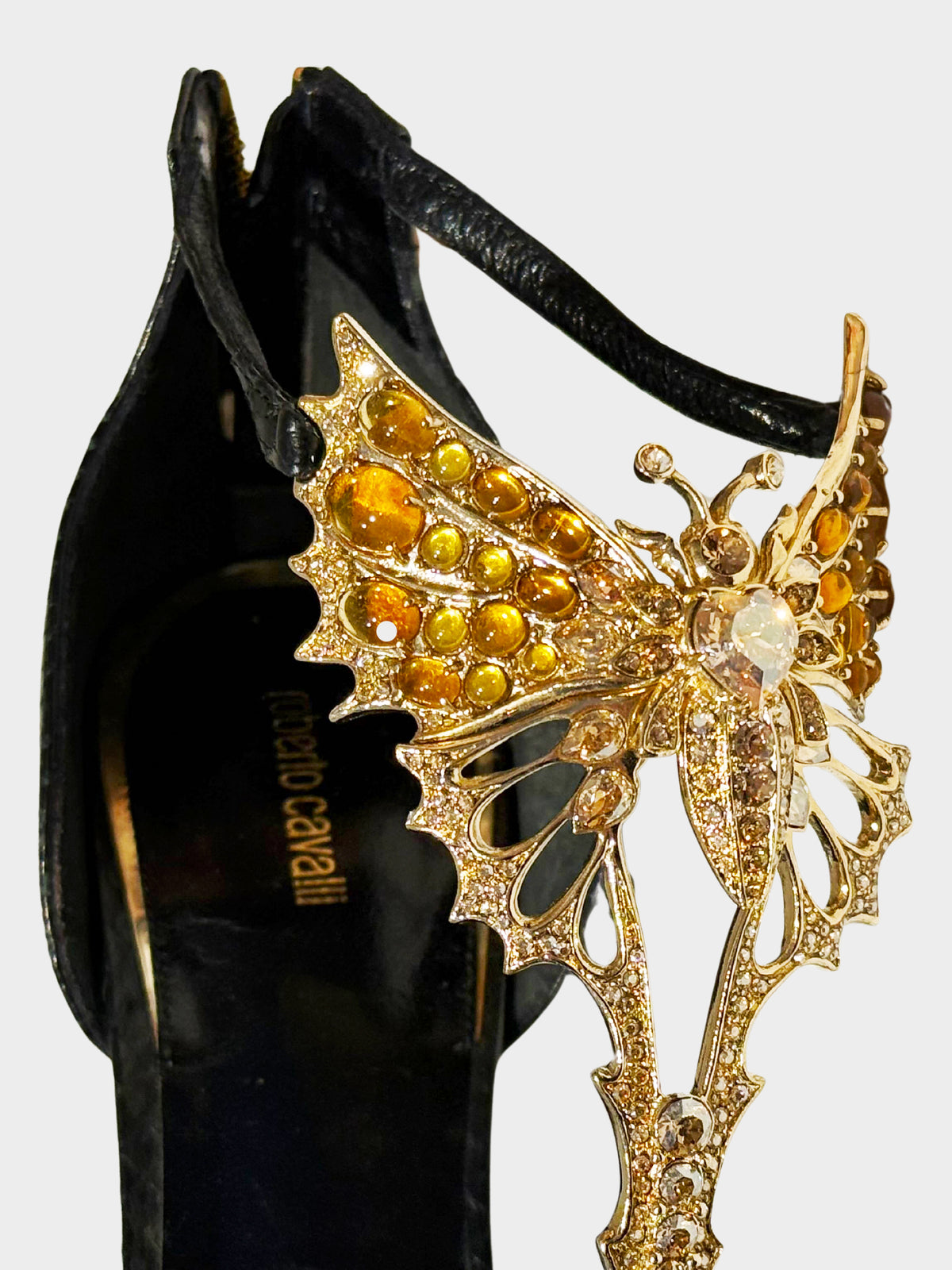 Roberto Cavalli 2000s Black Python Leather Jeweled Butterfly Motif Heels