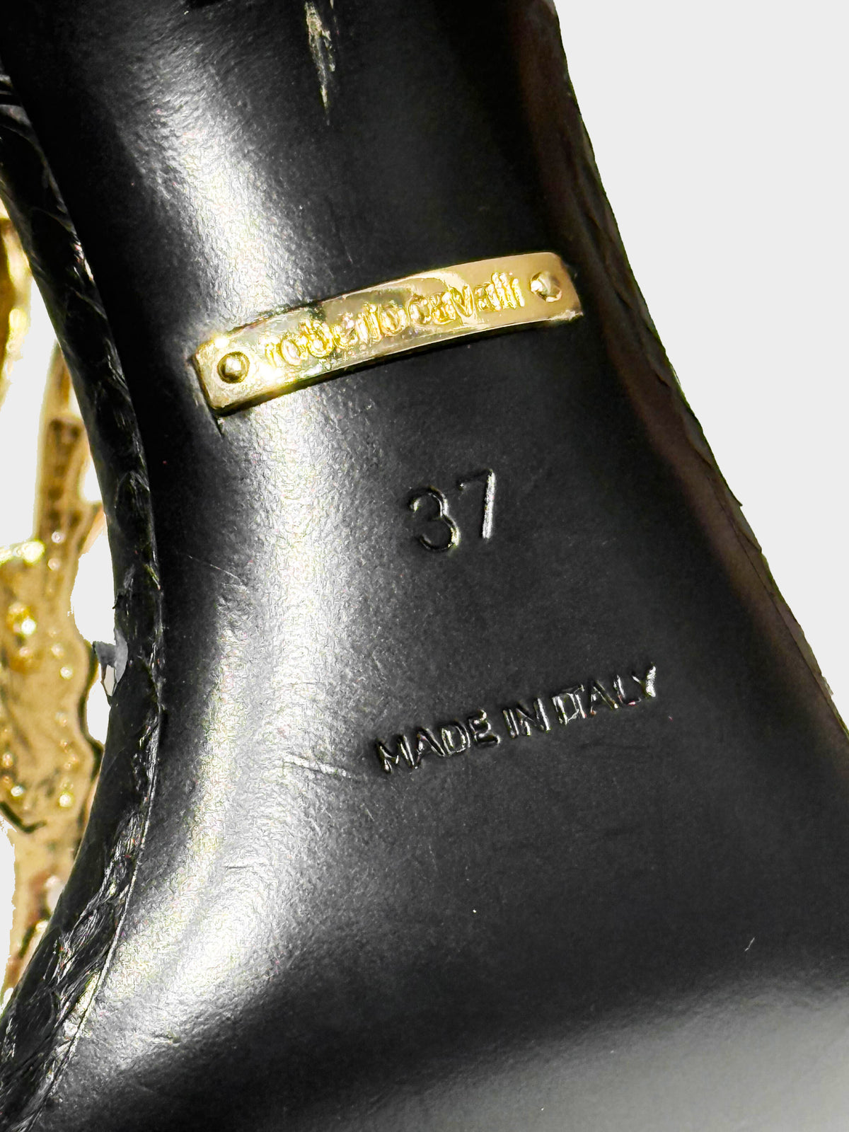 Roberto Cavalli 2000s Black Python Leather Jeweled Butterfly Motif Heels