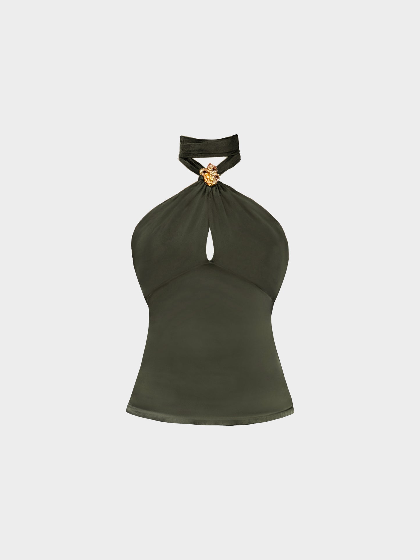 Roberto Cavalli 2000s Green Silk Cutout Halter Neck Top with Jeweled Snake Motif