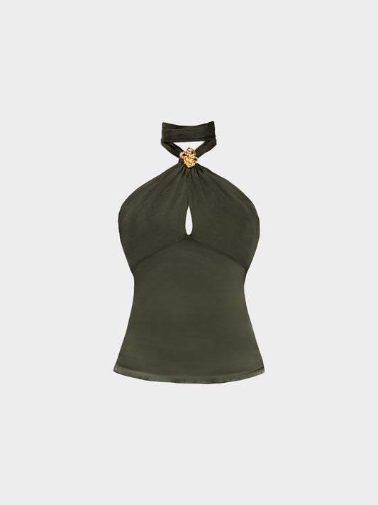 Roberto Cavalli 2000s Green Silk Cutout Halter Neck Top with Jeweled Snake Motif