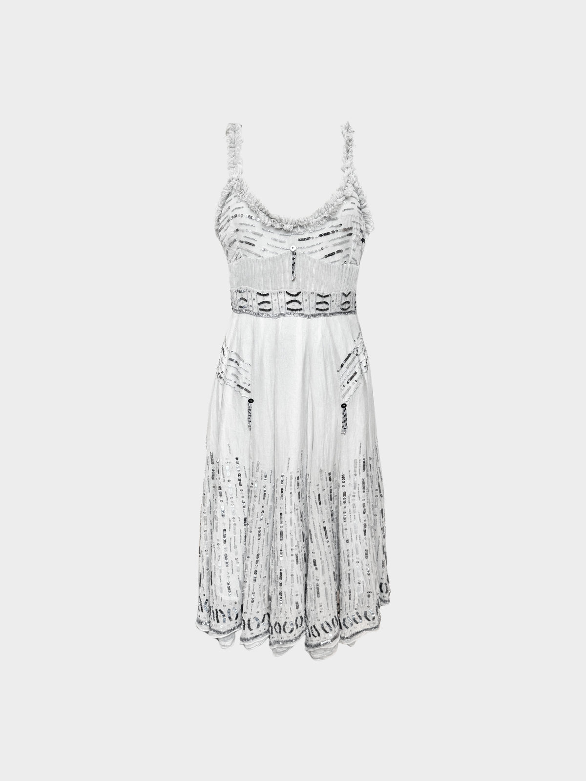 Roberto Cavalli 1990s Silver Grey Sequins and Beaded Silk Dress