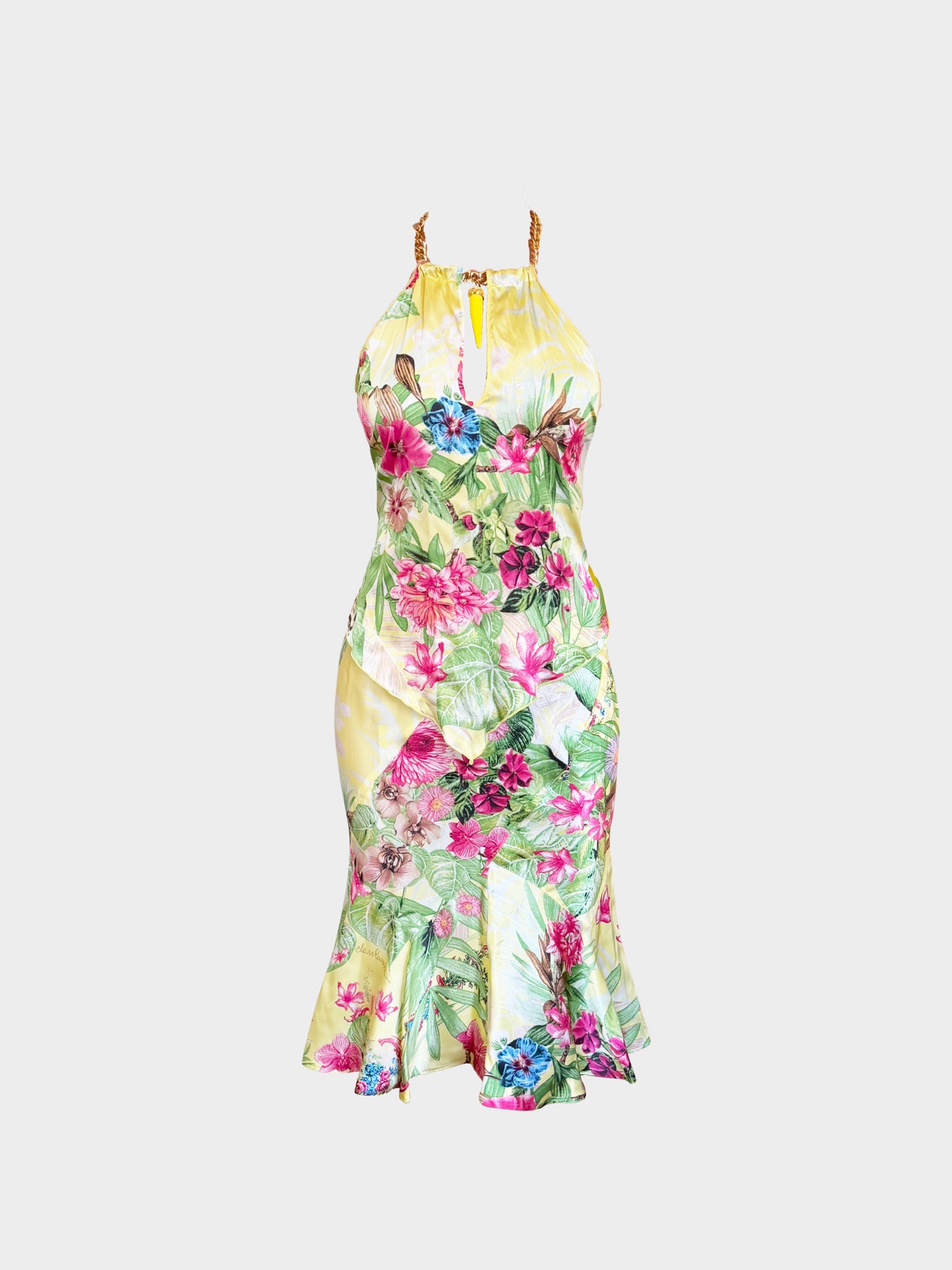 Roberto Cavalli 2000s Yellow Tropical Floral Print Halter Neck Top and Skirt Set