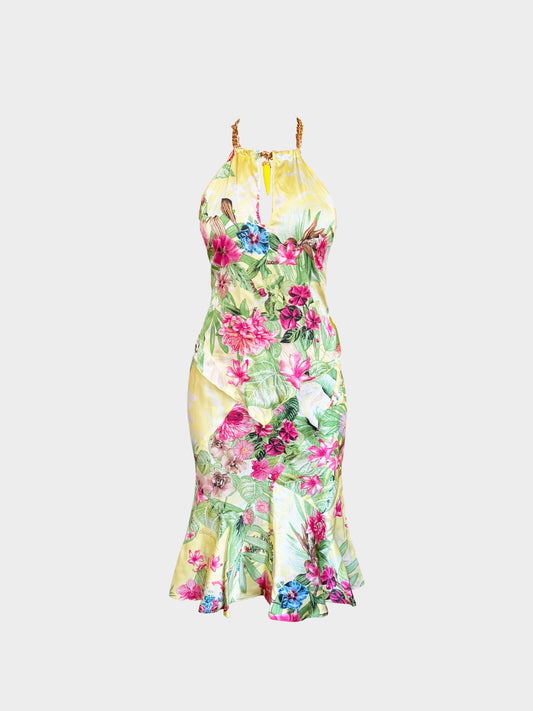 Roberto Cavalli 2000s Yellow Tropical Floral Print Halter Neck Top and Skirt Set