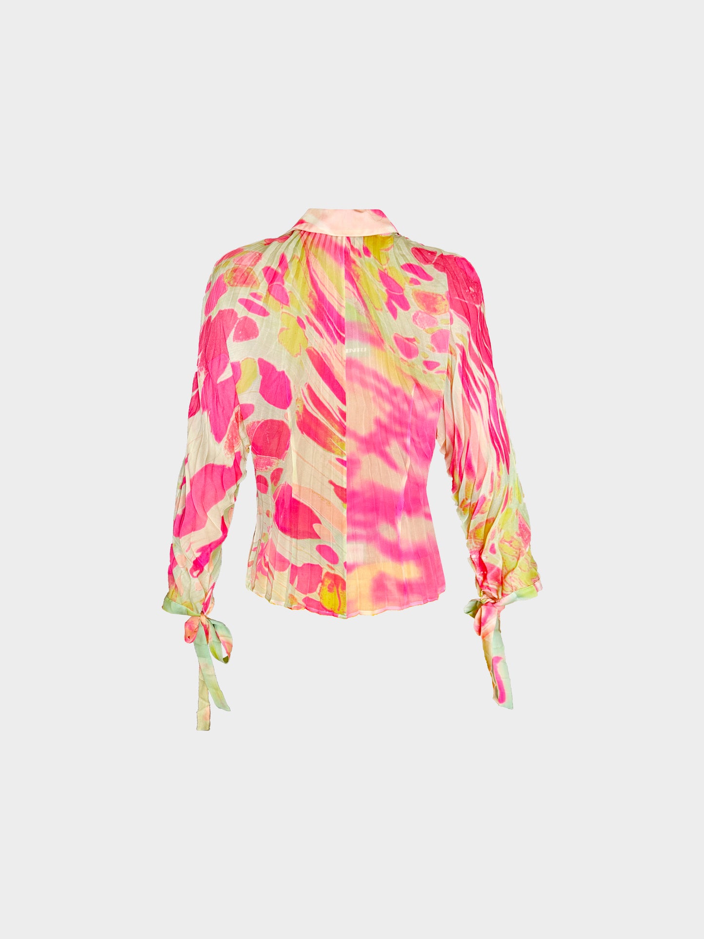 Roberto Cavalli 2000s Pink and Green Abstract Print Sheer Long Sleeve Top