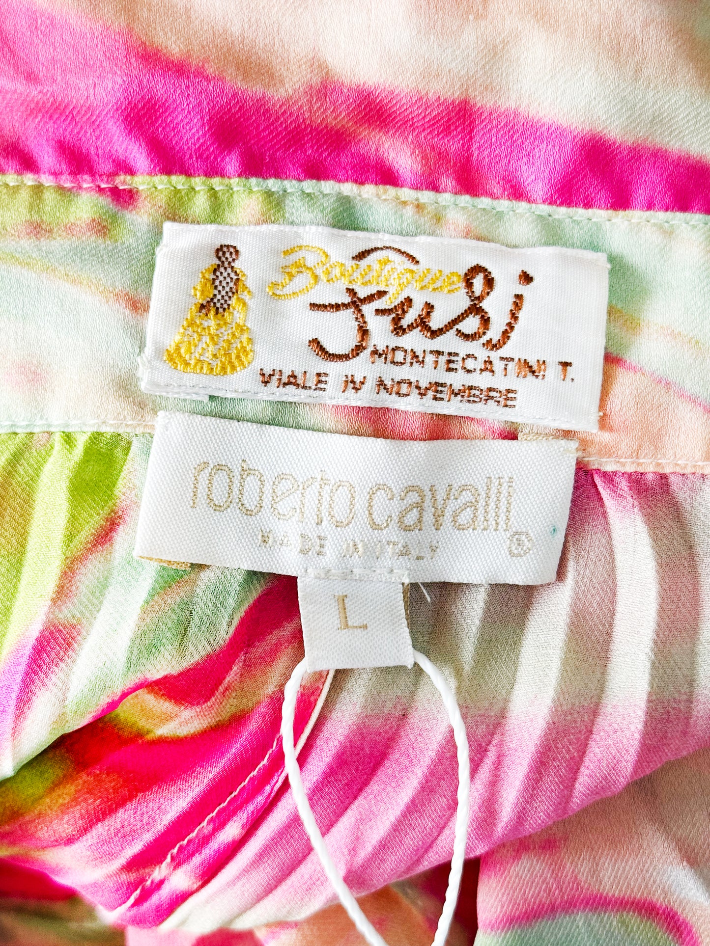 Roberto Cavalli 2000s Pink and Green Abstract Print Sheer Long Sleeve Top