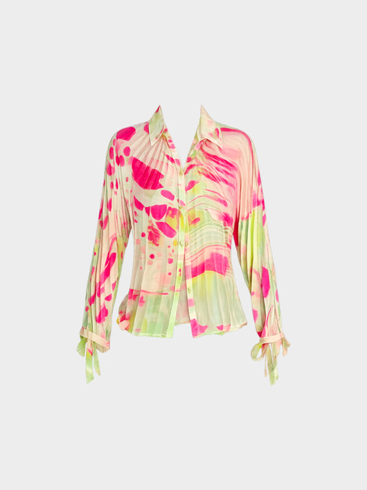 Roberto Cavalli 2000s Pink and Green Abstract Print Sheer Long Sleeve Top