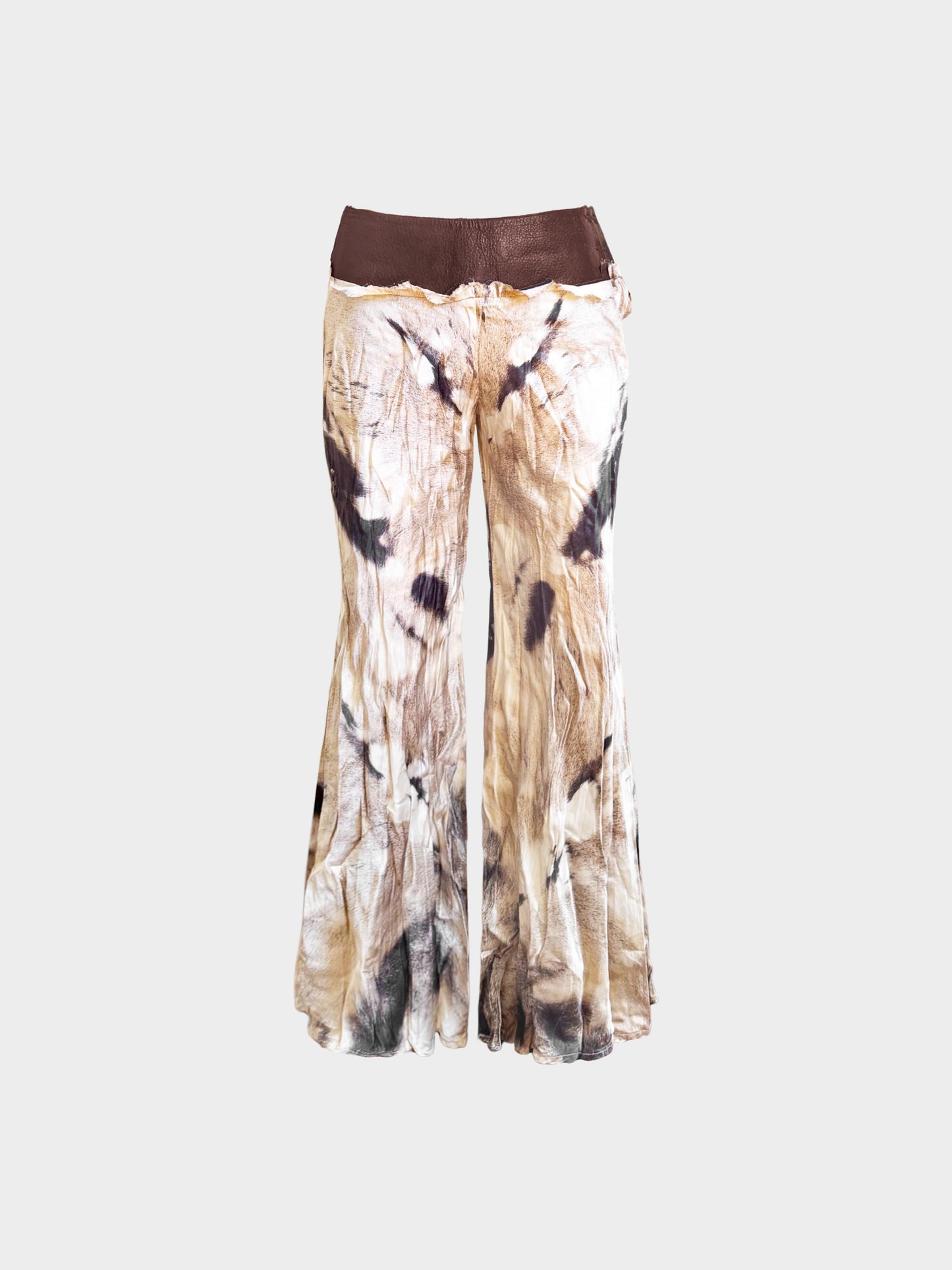 Roberto Cavalli 2000s Beige and Brown Animal Fur Print Leather and Silk Pants