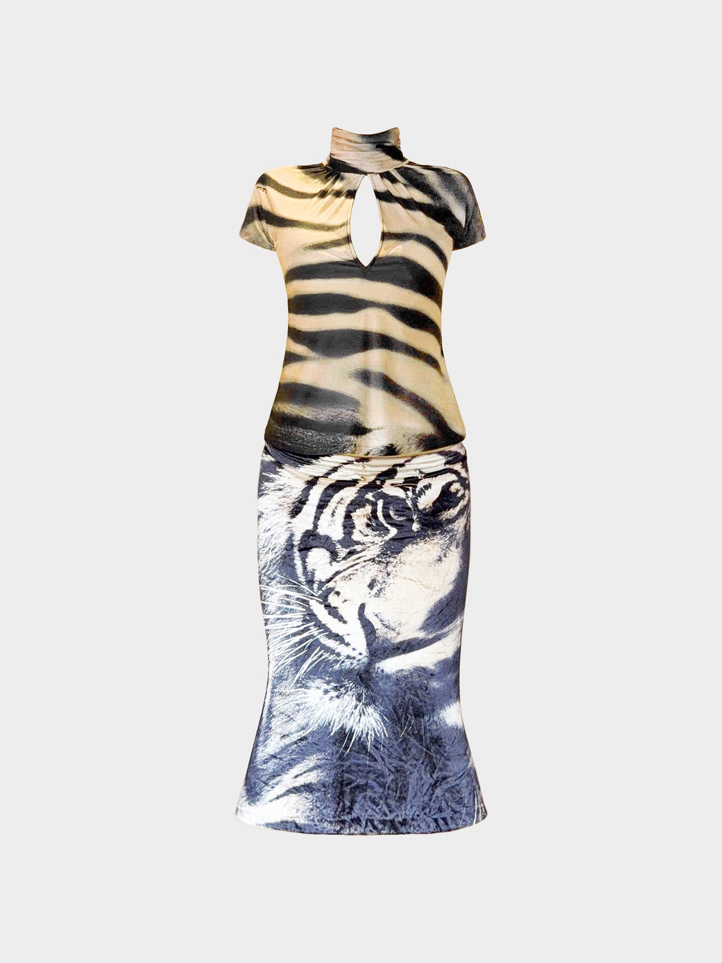 Roberto Cavalli FW 2000 Tiger Print Top and Skirt Set