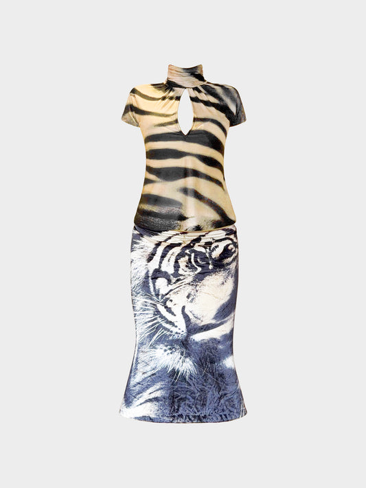 Roberto Cavalli FW 2000 Tiger Print Top and Skirt Set