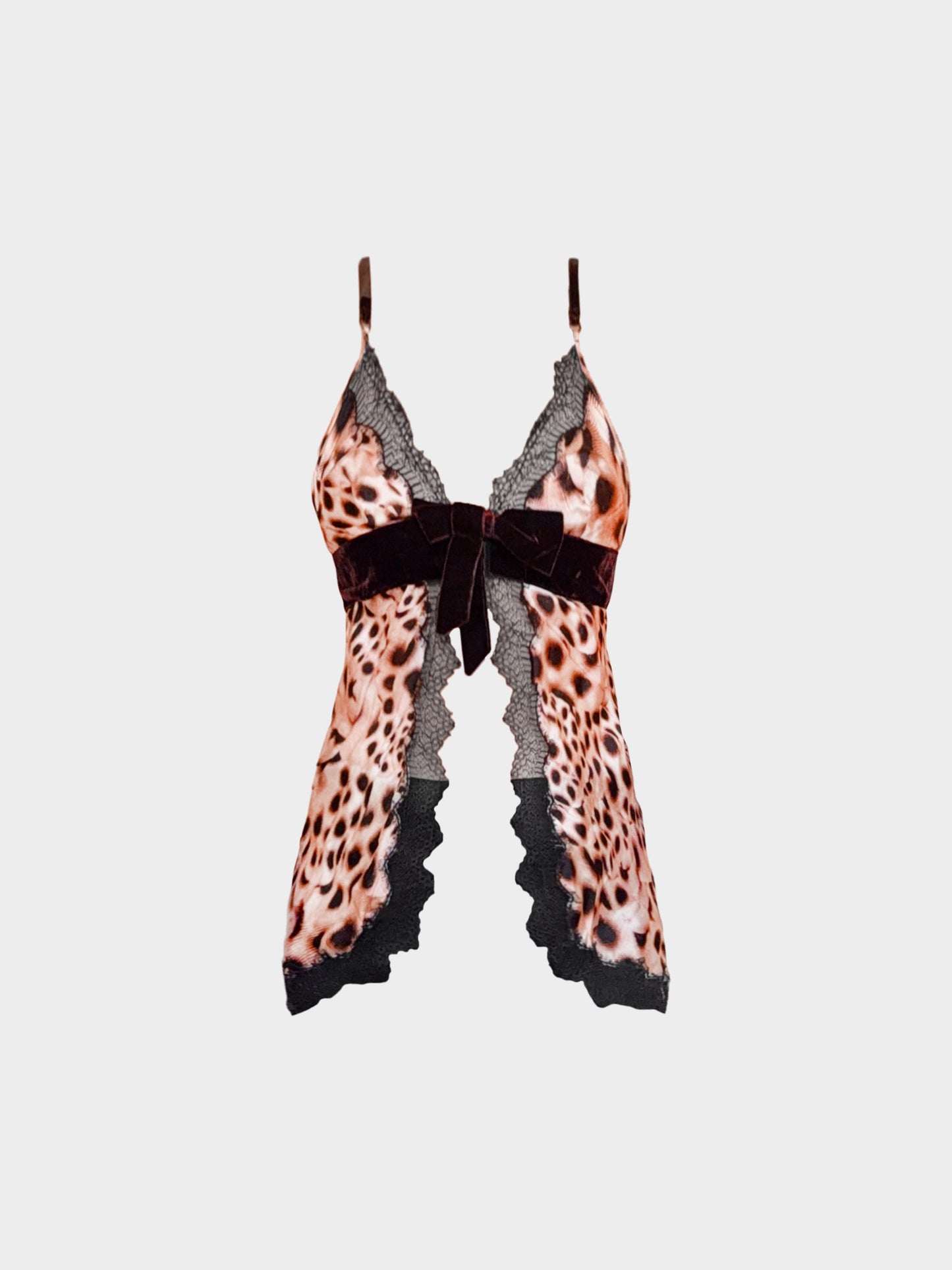 Roberto Cavalli 2000s Pink Leopard Print and Black Lace Silk Top with Velvet Bow