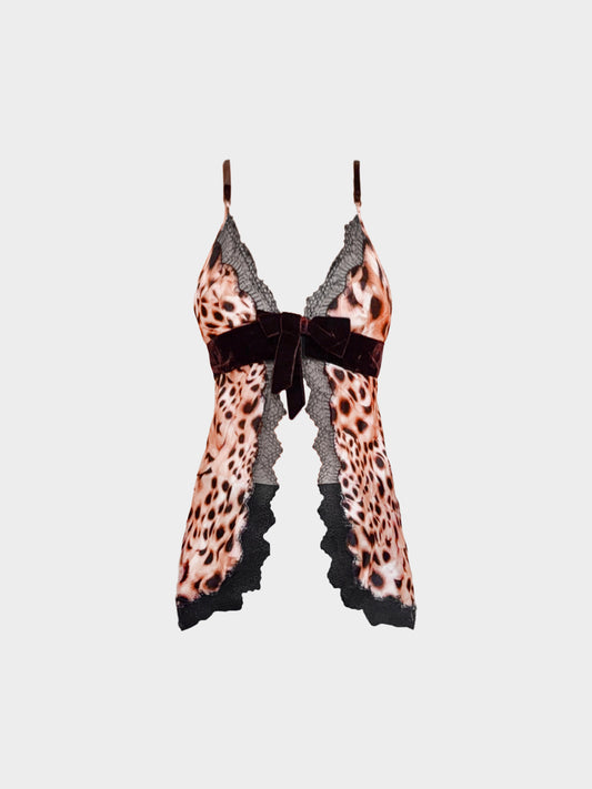 Roberto Cavalli 2000s Pink Leopard Print and Black Lace Silk Top with Velvet Bow