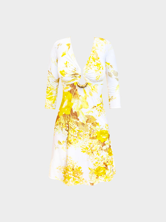 Roberto Cavalli 2006 Yellow and White Floral Print Quarter-Sleeve Dress