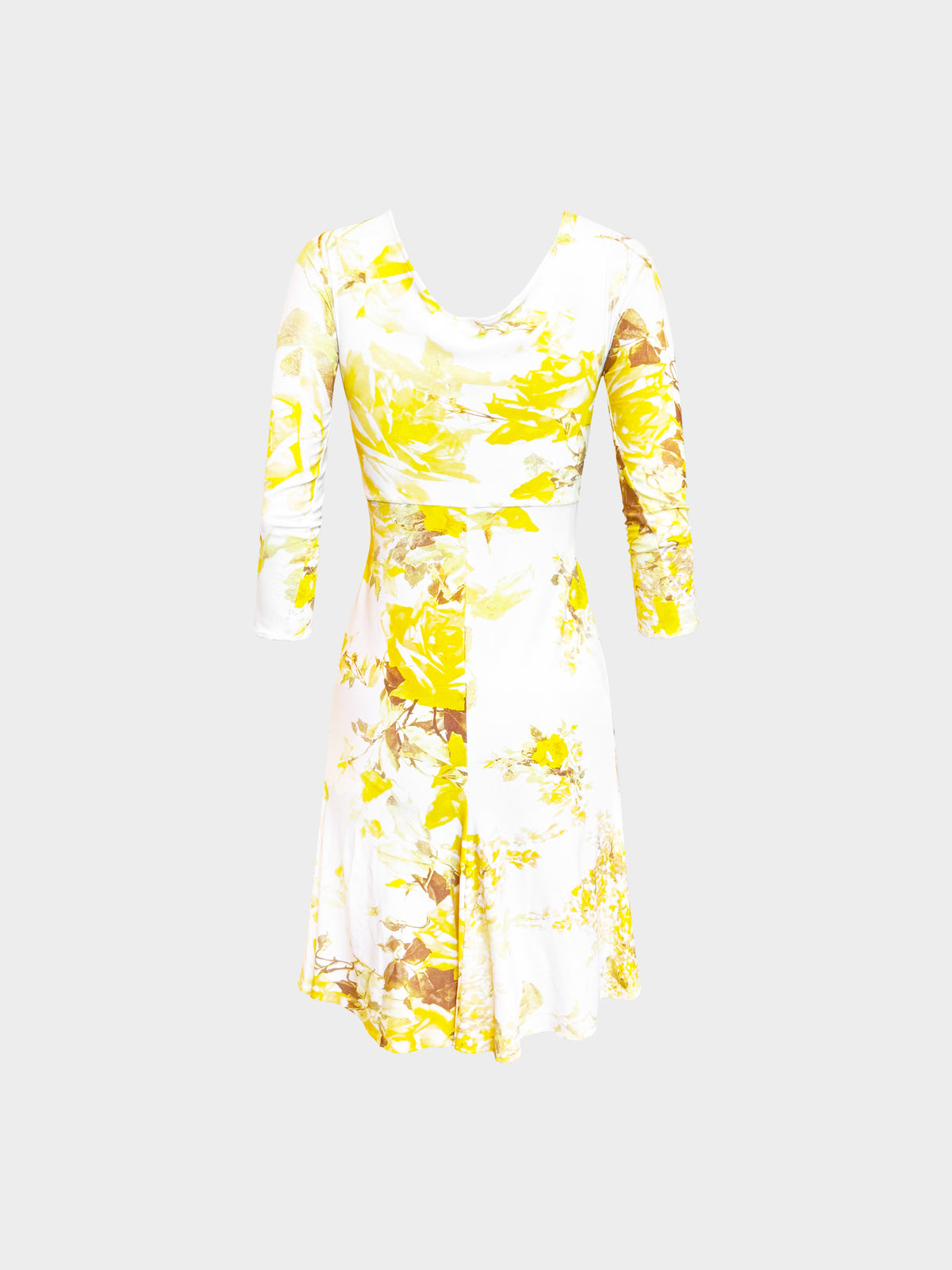 Roberto Cavalli 2006 Yellow and White Floral Print Quarter-Sleeve Dress