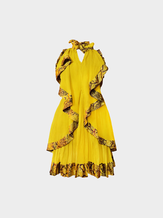 Roberto Cavalli 2000s Yellow Silk Python Trim Ruffled Dress
