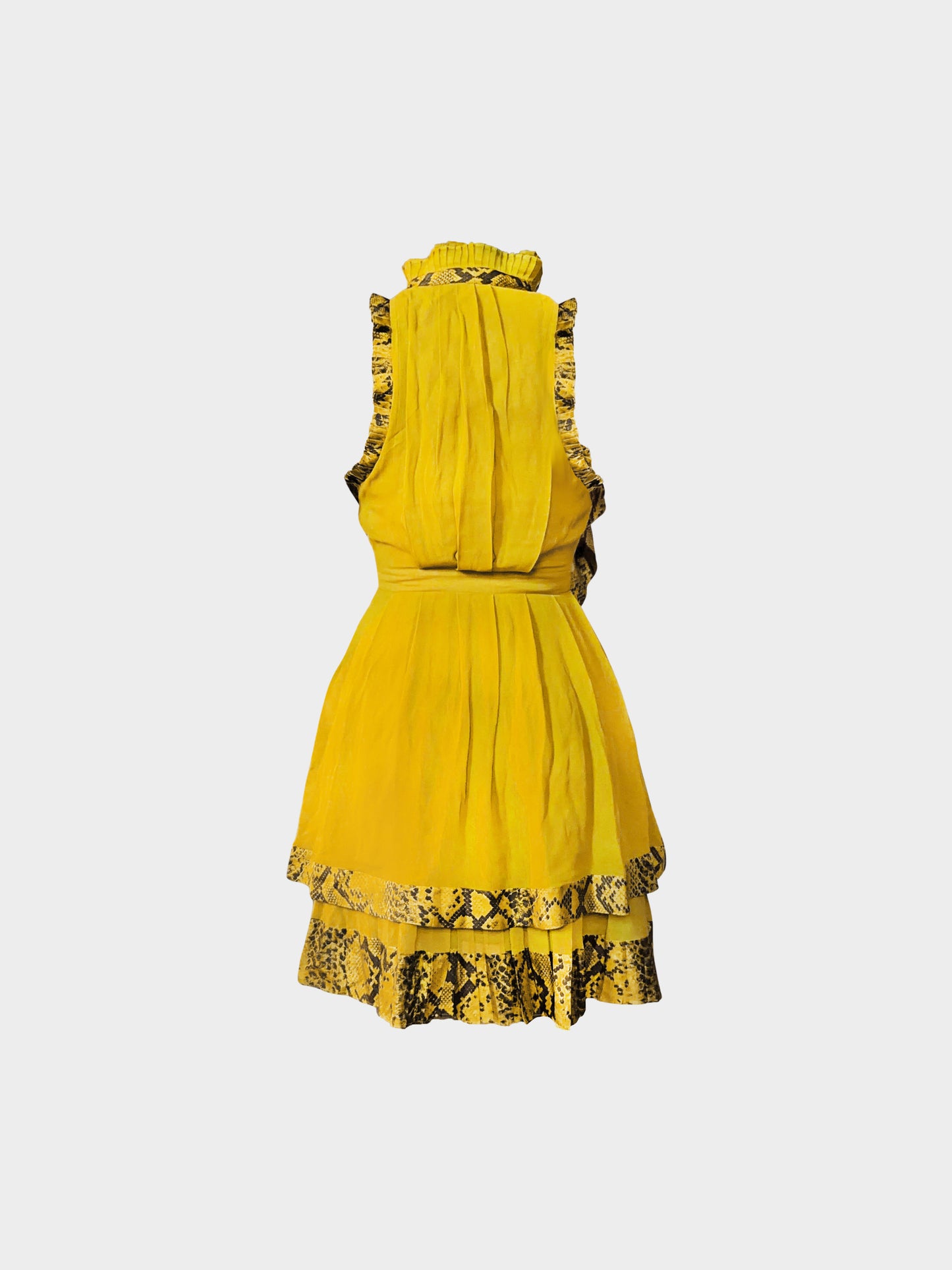 Roberto Cavalli 2000s Yellow Silk Python Trim Ruffled Dress