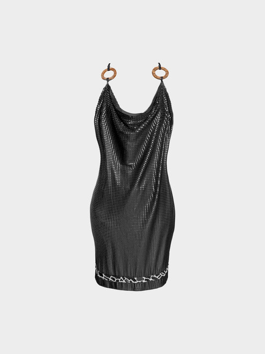 Roberto Cavalli 2000s Black Sequin and Beaded Dress with Rings