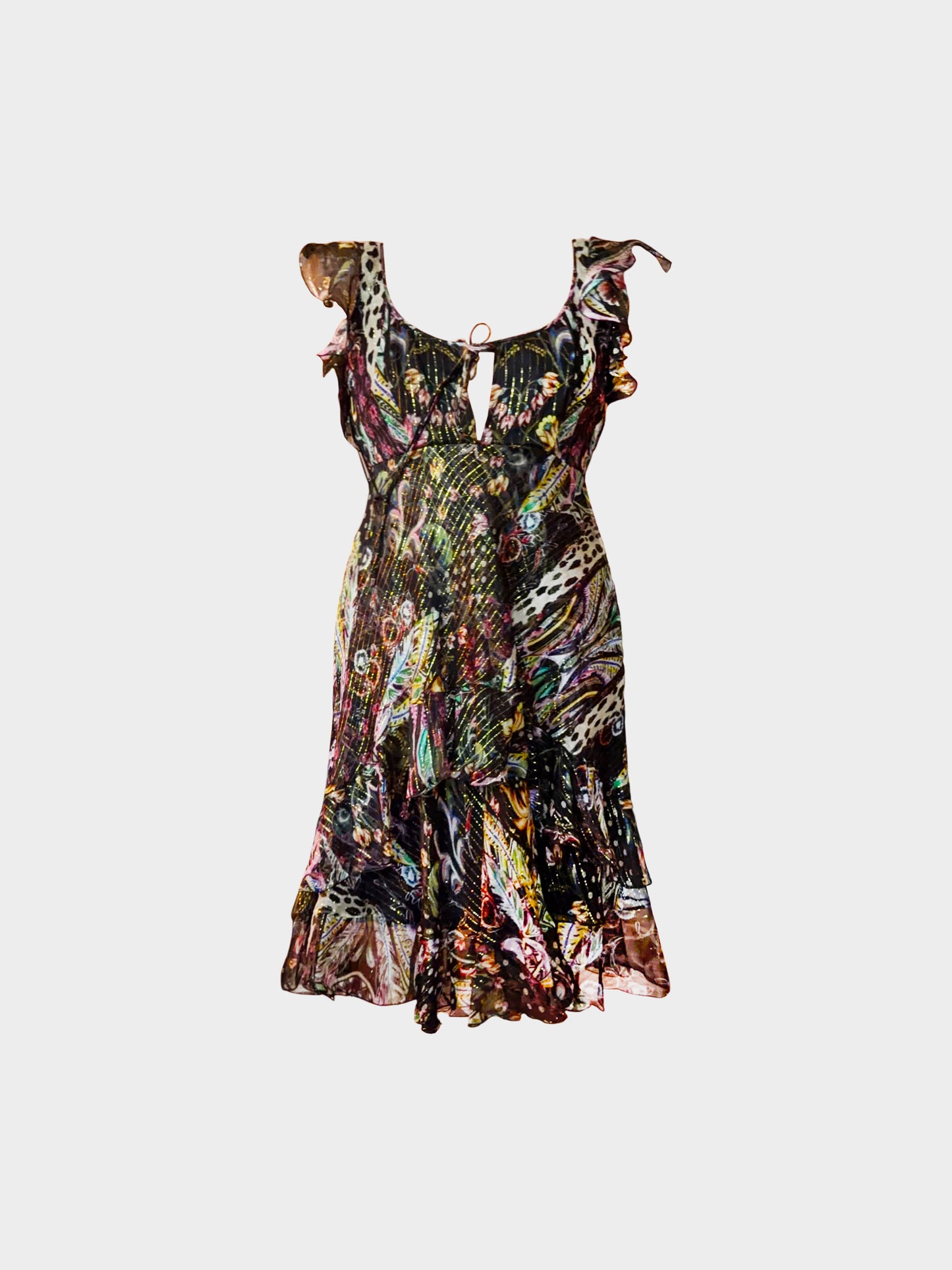 Roberto Cavalli 2000s Floral and Animal Print Ruffled Silk Dress