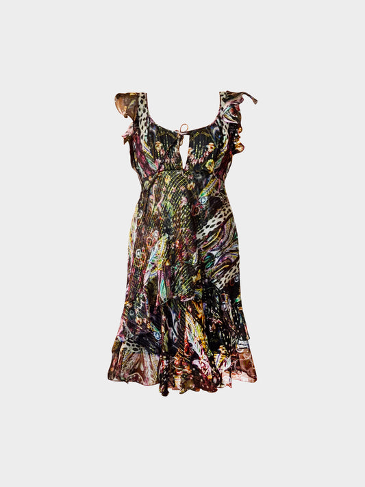 Roberto Cavalli 2000s Floral and Animal Print Ruffled Silk Dress
