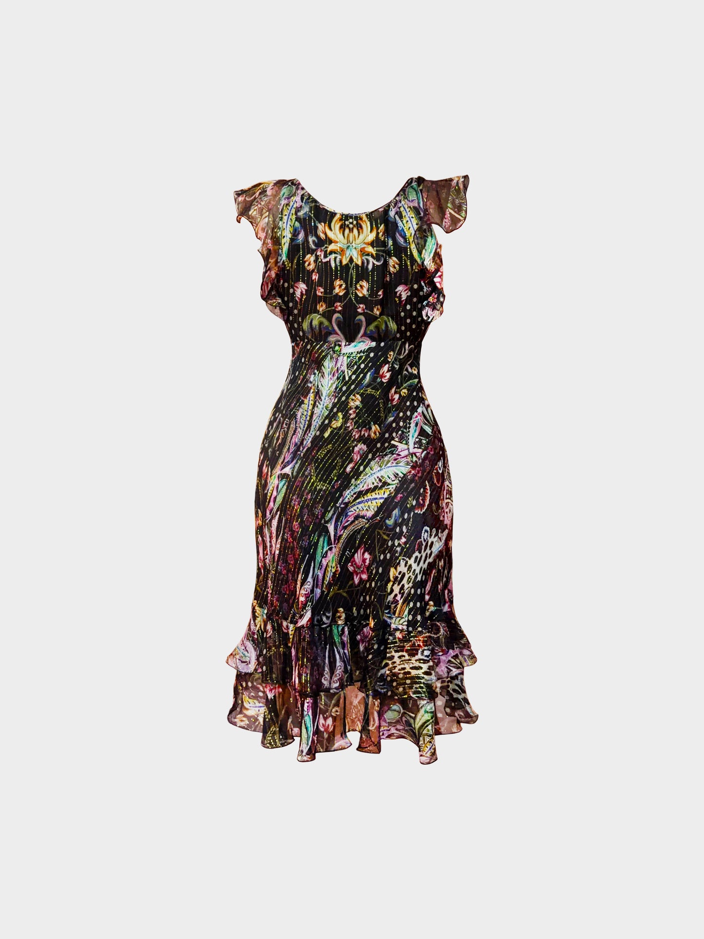 Roberto Cavalli 2000s Floral and Animal Print Ruffled Silk Dress