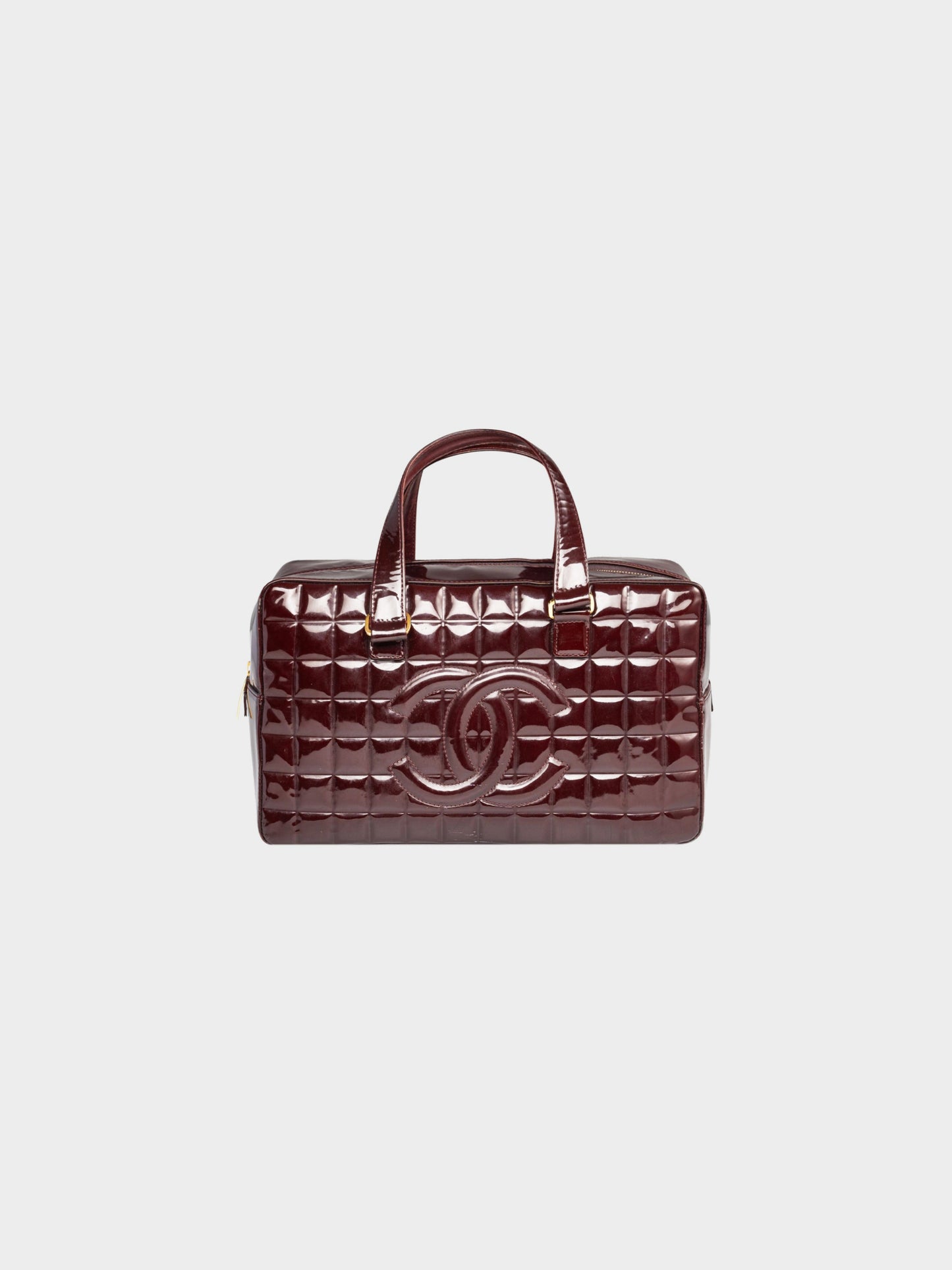 Chanel 2002-2003 Burgundy Patent Leather Chocolate Bar Quilted Bowler Bag