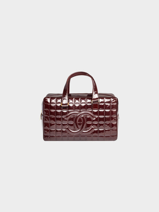 Chanel 2002-2003 Burgundy Patent Leather Chocolate Bar Quilted Bowler Bag