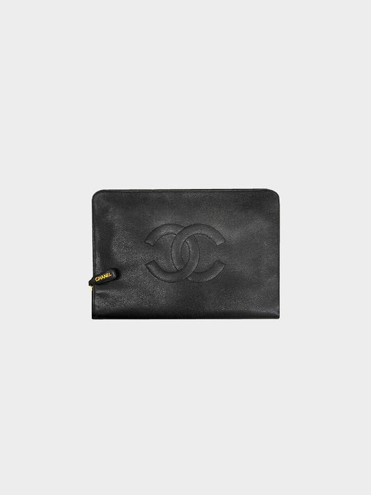 Chanel 1995 Black Caviar Leather XL Clutch