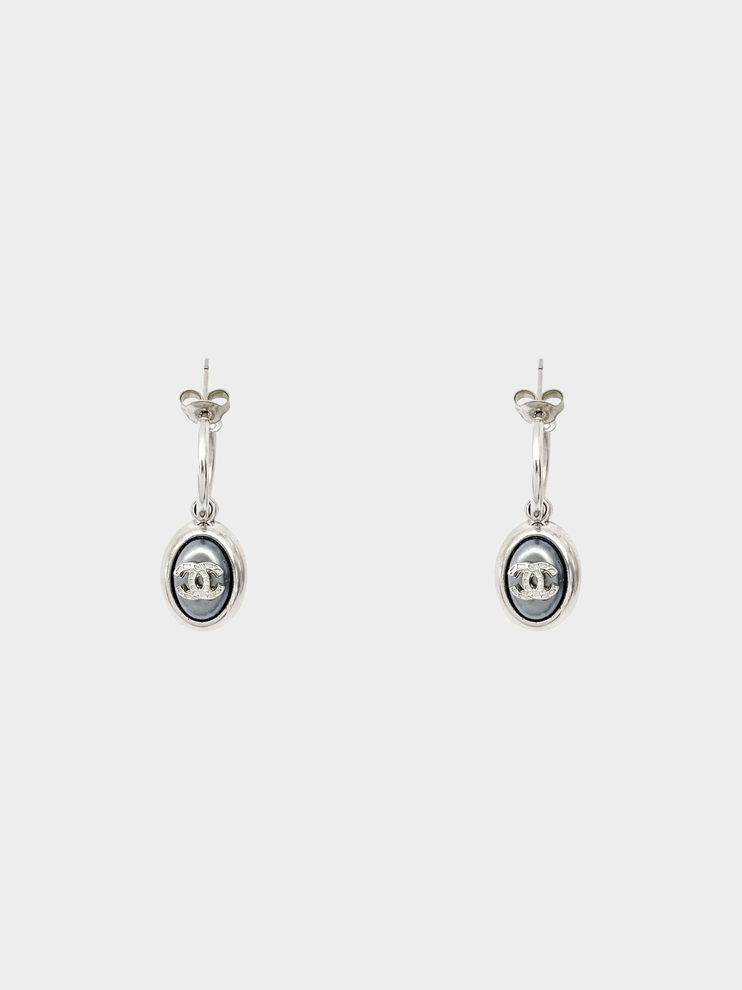 Chanel 2000 CC Logo Grey Pearl Silver Drop Earrings