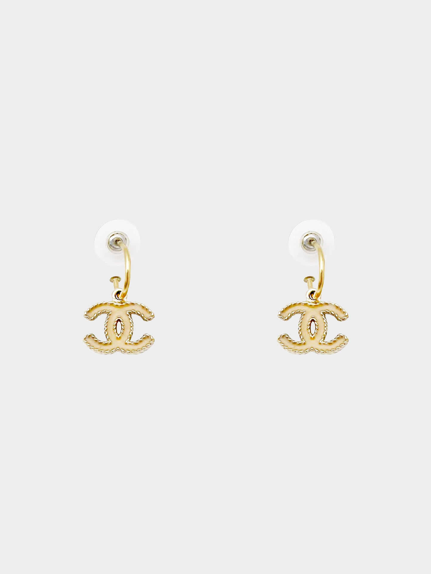 Chanel 2012 Cocomark Gold Beige Hoop Earrings