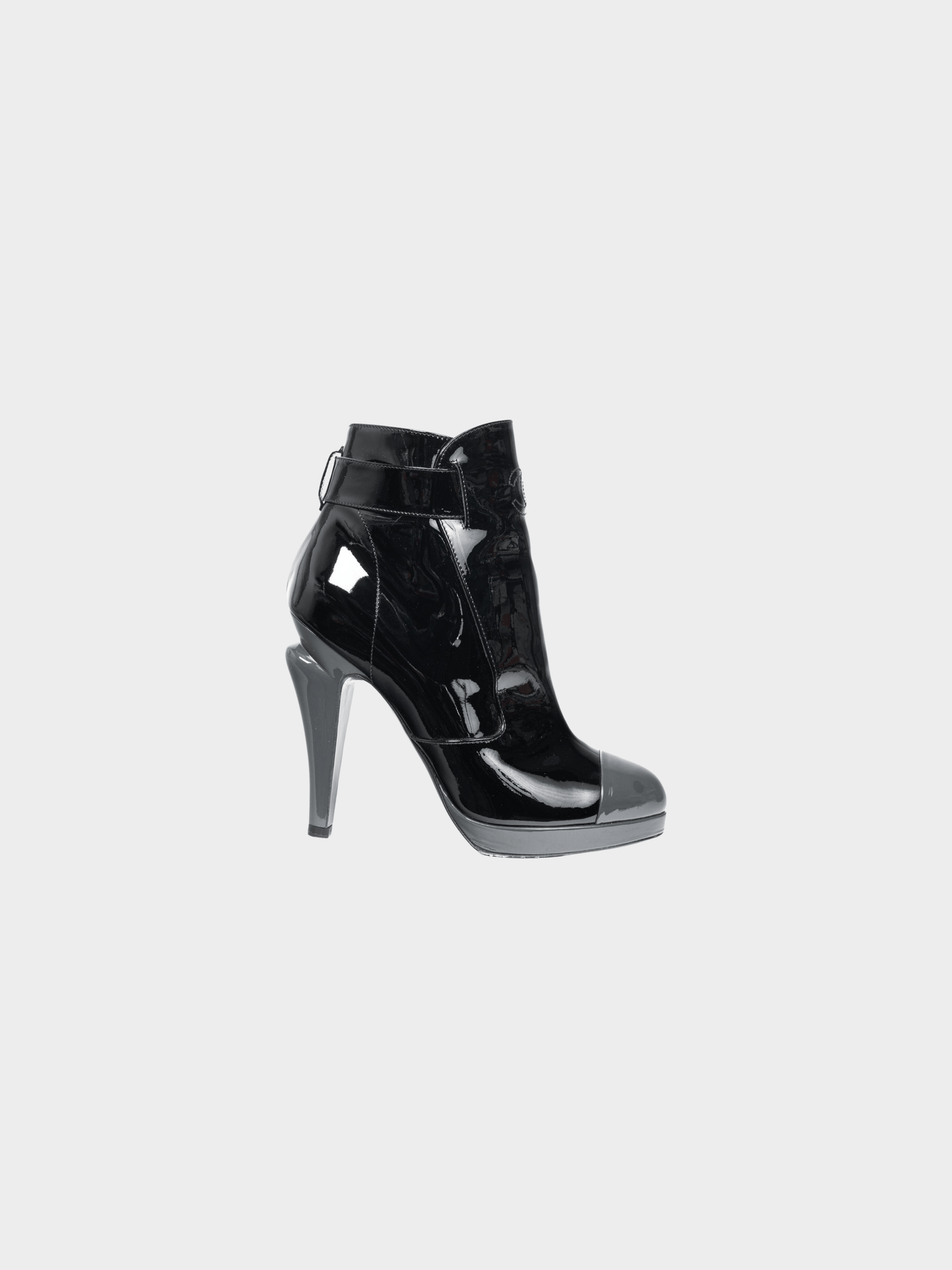 Chanel 2000s Black Patent Leather Cap-Toe Platform Booties