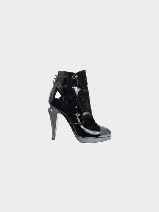 Chanel 2000s Black Patent Leather Cap-Toe Platform Booties